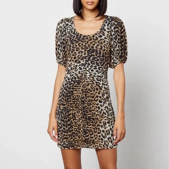 Ganni | Dresses | Ganni Leopard Print Puff Sleeve Ruched Mini Dress |  Poshmark